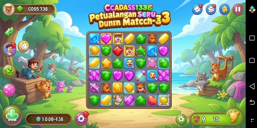 Screenshot gameplay CADAS138 menampilkan kombinasi warna yang cerah dan tantangan Match-3.