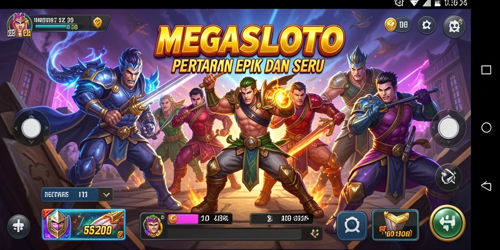 Gameplay seru MEGASLOTO dengan karakter bertarung di arena.