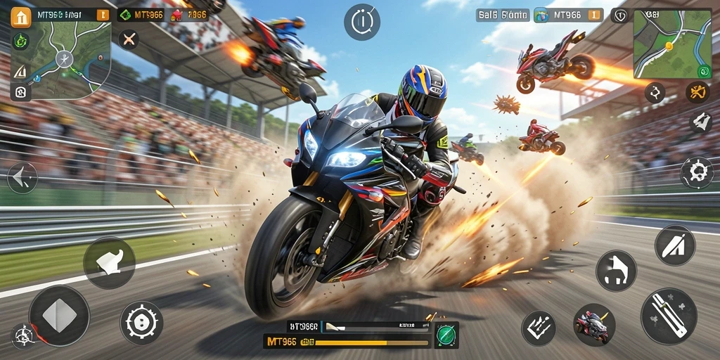 Screenshot gameplay MT966 menunjukkan balapan motor yang seru dan menegangkan.