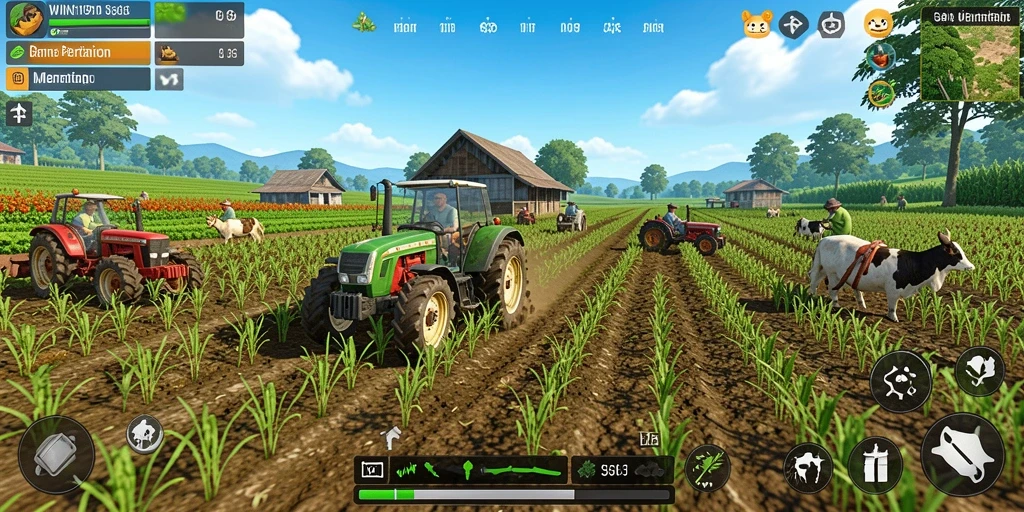 Gameplay seru WIN199 yang menampilkan suasana ladang hijau dan tanaman beraneka ragam.